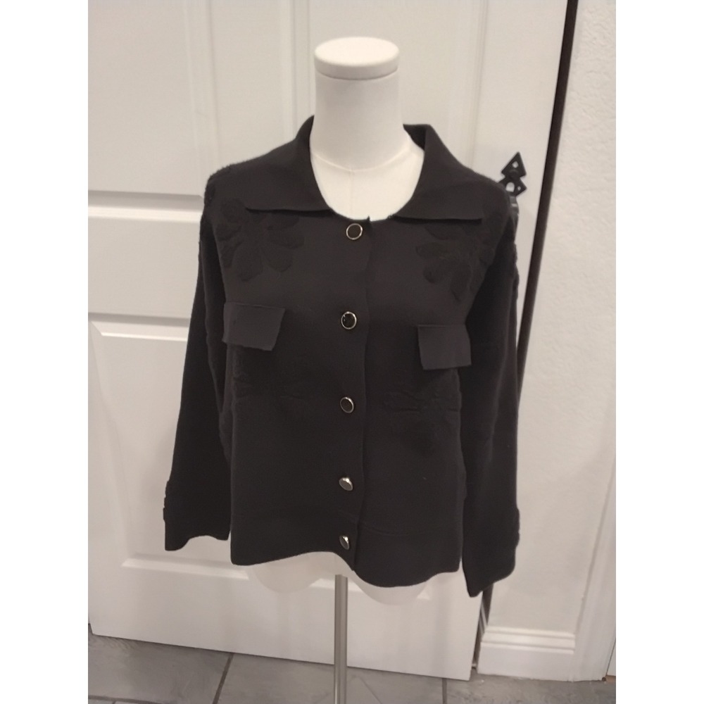 Cyrus NYC Black Textured Floral Applique Button Front Cardigan Sweater Small